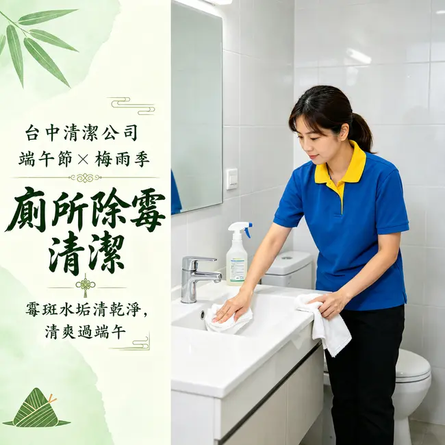 台中清潔公司端午節梅雨季廁所除霉清潔，清潔人員擦拭洗手台與磁磚縫
